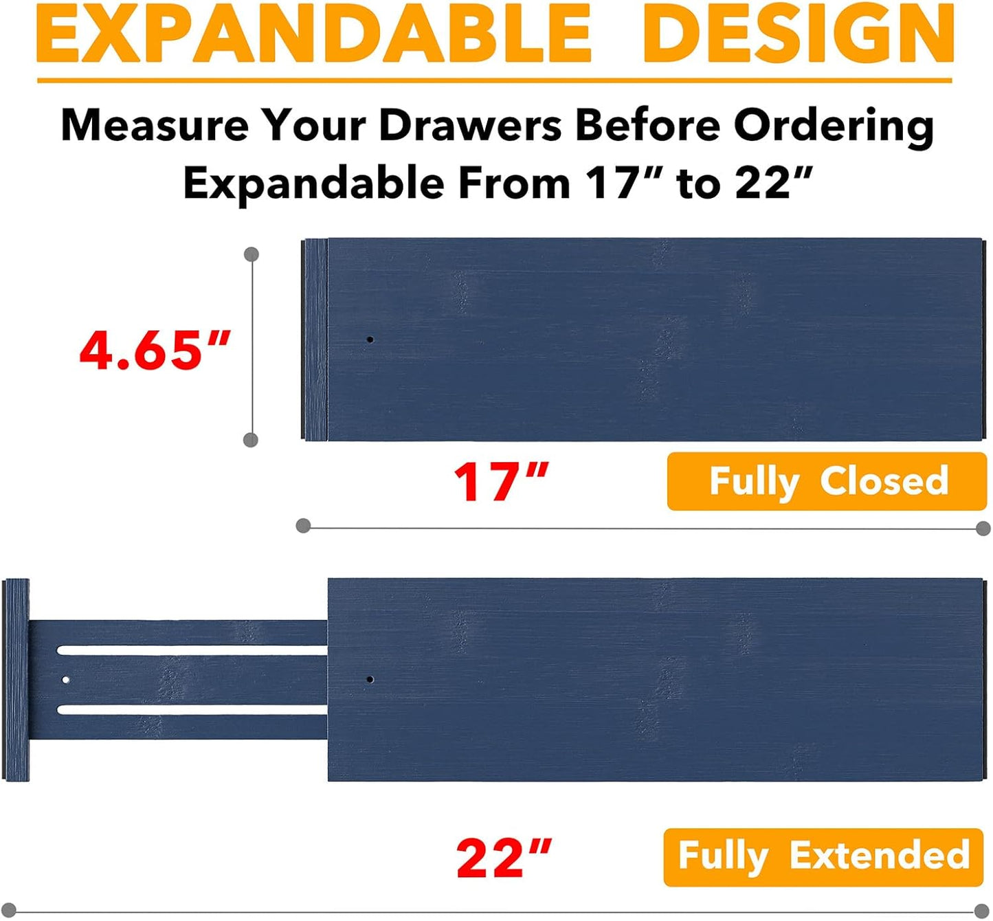 SpaceAid Bamboo 4 Pack Dresser Drawer Dividers, 4.65“ High Adjustable 17“-22” Drawer Organizers, Expandable Organization for Clothing, Clothes, Dressers, Navy Blue