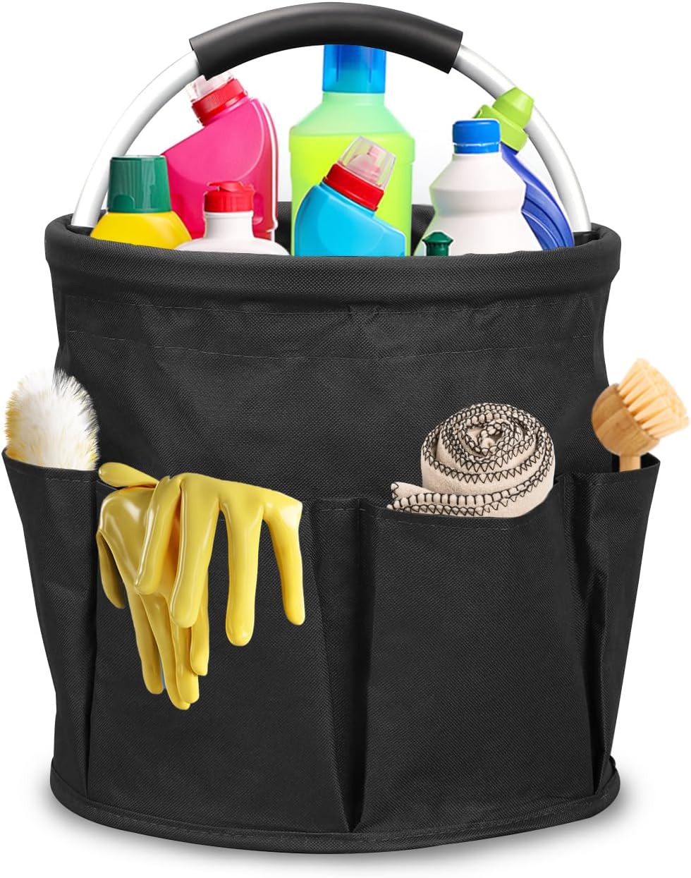 Cleaning Caddy with Handle, 17L Cleaning Supply Caddy Foldable Bucket Organizer Cleaning Products Organizers Cleaning Tools Bag 4.5 Gallon (Black)