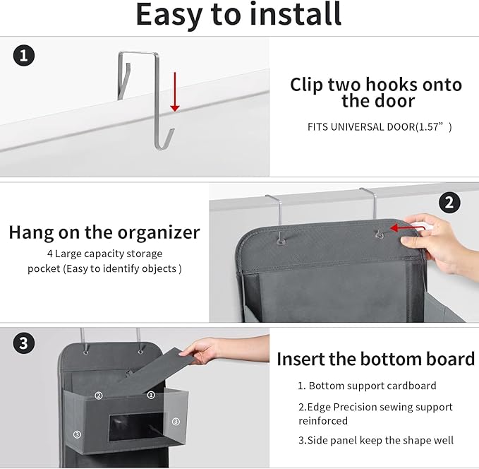 MAX Houser 5-Shelf Over The Door Hanging Organizer with 2 Metal Hooks，5 Pocket Over The Door Wall Mount Storage with Clear Windows for Baby Nursery Bathroom Closet,Bedroom,Dorm (Gray-2 Pack)