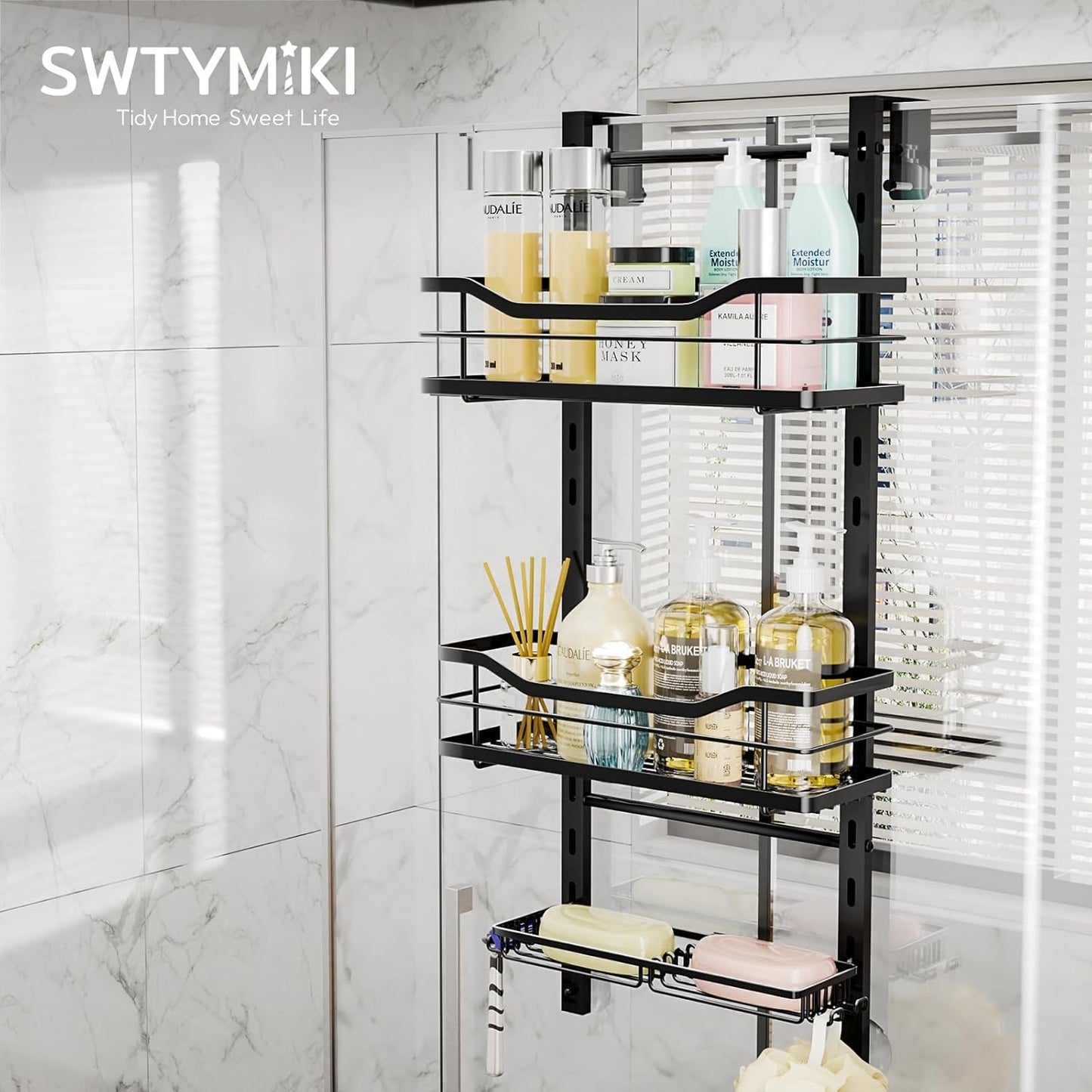 SWTYMIKI Over the Door Shower Caddy - 3 Tier Adjustable Shower Organizer Hanging with Soap Holder, No Drilling Stainless Steel Bathroom Rack Hanging for Body Wash, Shampoo, Soap, Razor, Black