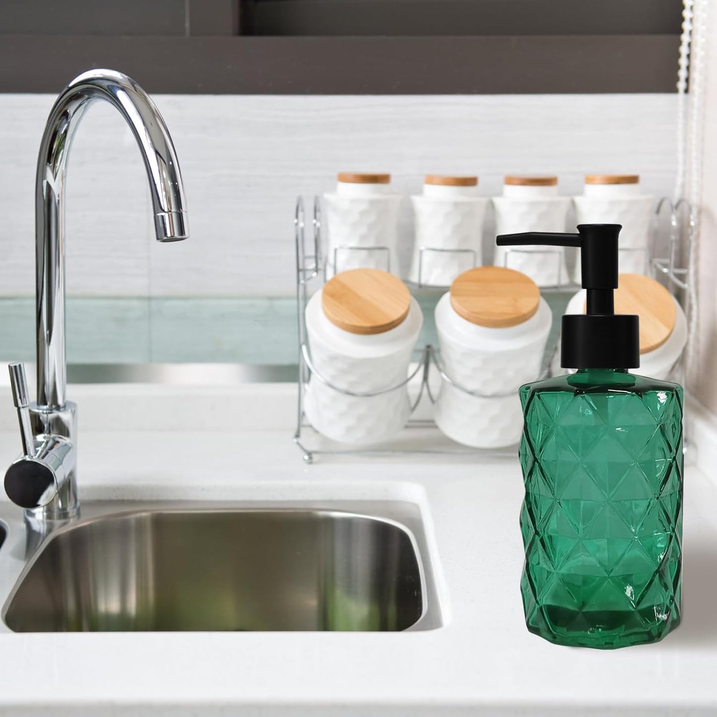 Green Bathroom Soap Dispenser Set with Black Plastic Pump, 12oz Glass Lotion Dispenser, Crystal Hand Soap Dispenser for Modern Home Decor, Kitchen Countertop, Hotel