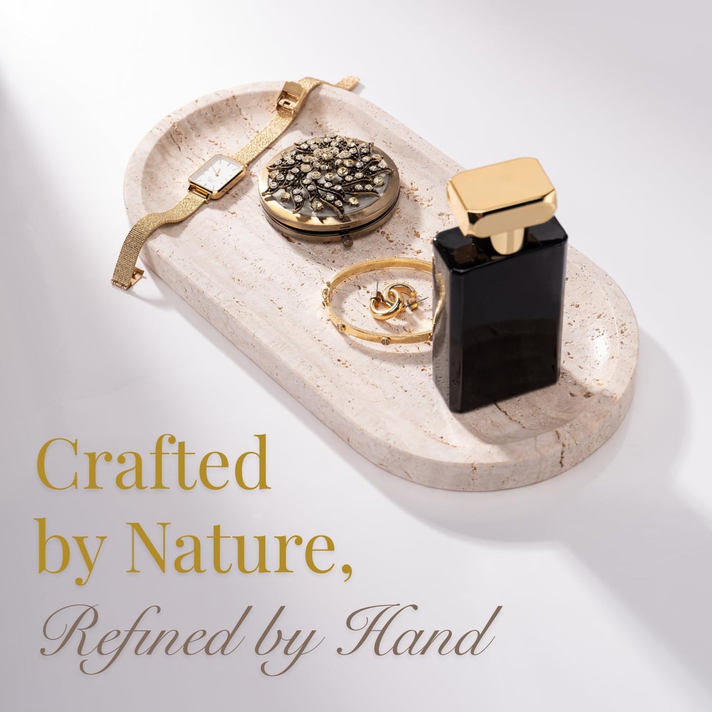 Handcrafted Travertine Tray – Bathroom Counter Organizer, Jewelry Tray, Perfume Organizer & Decorative Tray for Vanity Accessories, Coffee Table Decor & Bathroom Countertop (Oval, Natural)