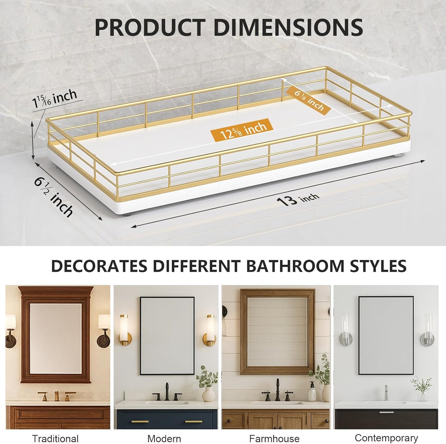 Toilet Paper Basket Organizer – Oak Wood Toilet Tank Tray with Metal Frame, Back of Tank or Top Bathroom Counter Storage – Gold & White Modern Decor