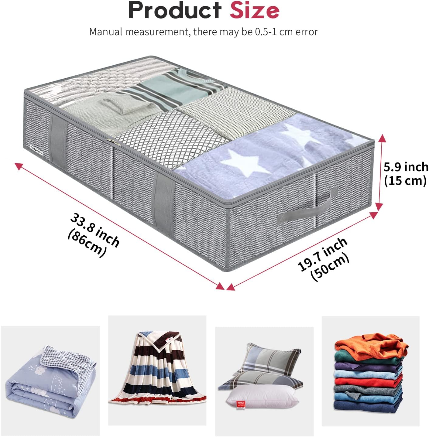 Onlyeasy Breathable Under Bed Storage Bags with 4 Reinforced Handles and Sturdy Side Wall, 2 Pack Eco-friendly Underbed Clothing Blankets Organizer with 2 Strong Zippers, Herringbone Grey, MXRUBBSS2P