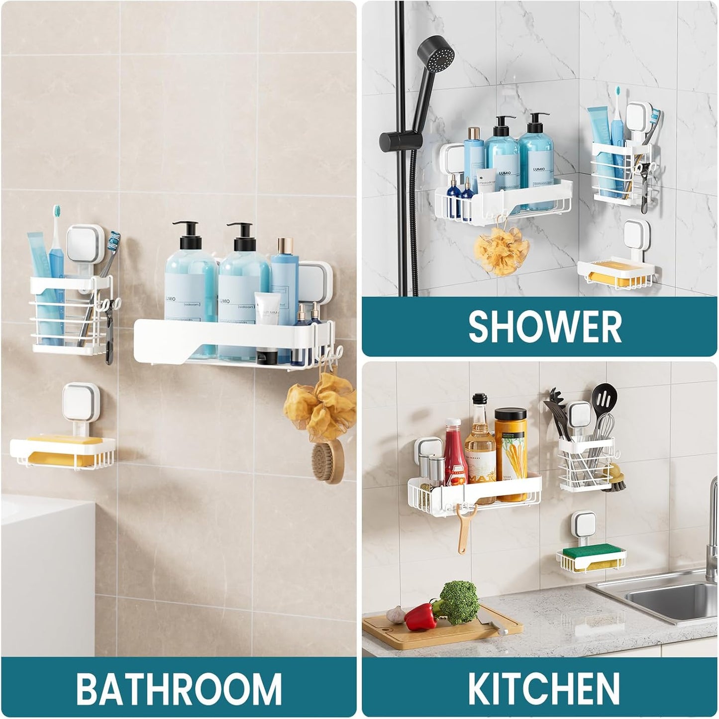 TAILI Shower Caddy Suction Cup 3 Pack, Stainless Steel Rustproof Shelves with Soap Holder Set, Drill-Free Wall Mounted Basket, Heavy Duty Removable Bathroom Organizers & Home Decor, White