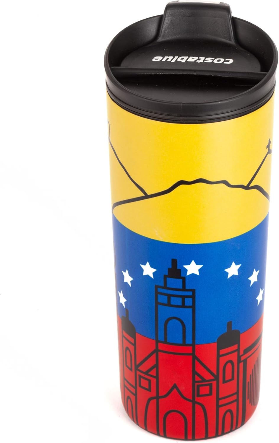 Venezuela Vacuum Insulated Stainless Steel Thermal Travel Mug, 16 oz, Easy Clean, Flip leak Proof Lid Venezuelan Flag with Icons from Caracas