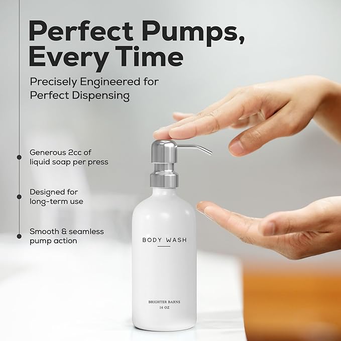 White Shampoo and Conditioner Dispenser Set by Brighter Barns - Shower Dispenser for Bathroom - Refillable Plastic Shampoo Bottle & Stainless Steel Pump - Shampoo Dispenser for Vacation Rental (White)