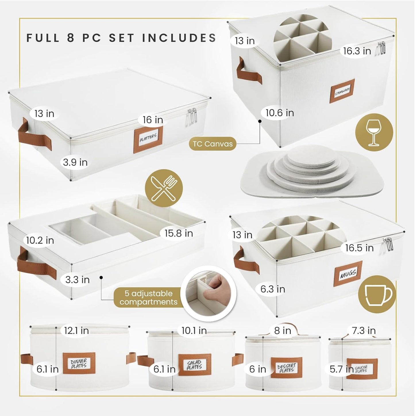 HOMELUX THEORY Plate Storage Box, 4pc Ivory Hard Shell China Storage Containers with 48 Felt Pads, Kitchen Storage Bins With Lids, Moving Box with Handles for Dishes, Dinner Plate & Platter