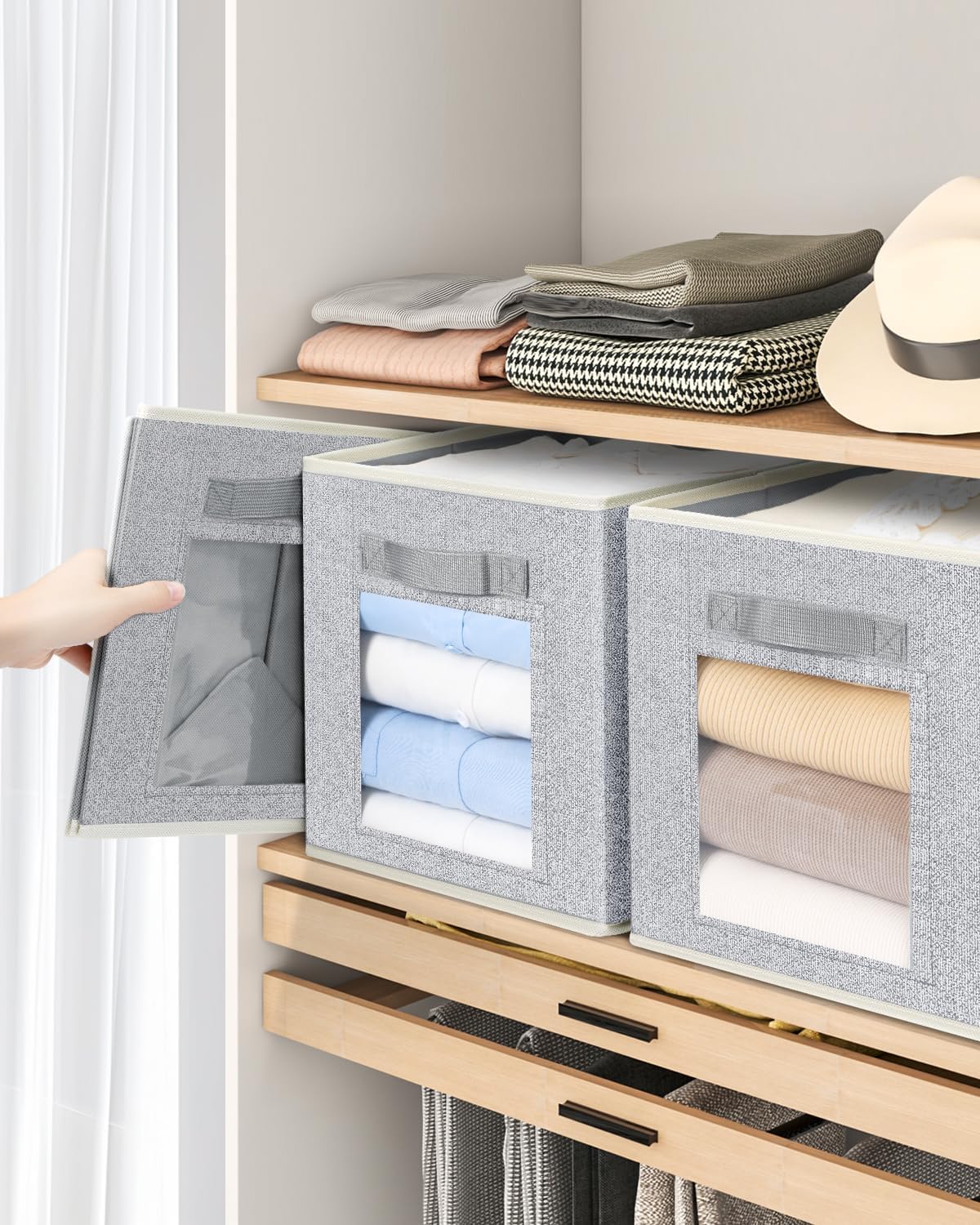 Foldable Storage Cubes - Square Organizer with Window, Decorative Baskets for Organizing, Fabric shelf Basket for Clothes, 11 Inch Closet Storage Cubes, Set of 12, Light Grey