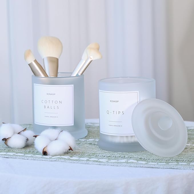 Qtip Holder & Cotton Pad Dispenser, Bathroom Organizer and Storage Canisters, 16oz Glass Apothecary Jars for Kitchen, Restroom - Home Decor, Room Decor Aesthetic (2 Pack, Frosted White)