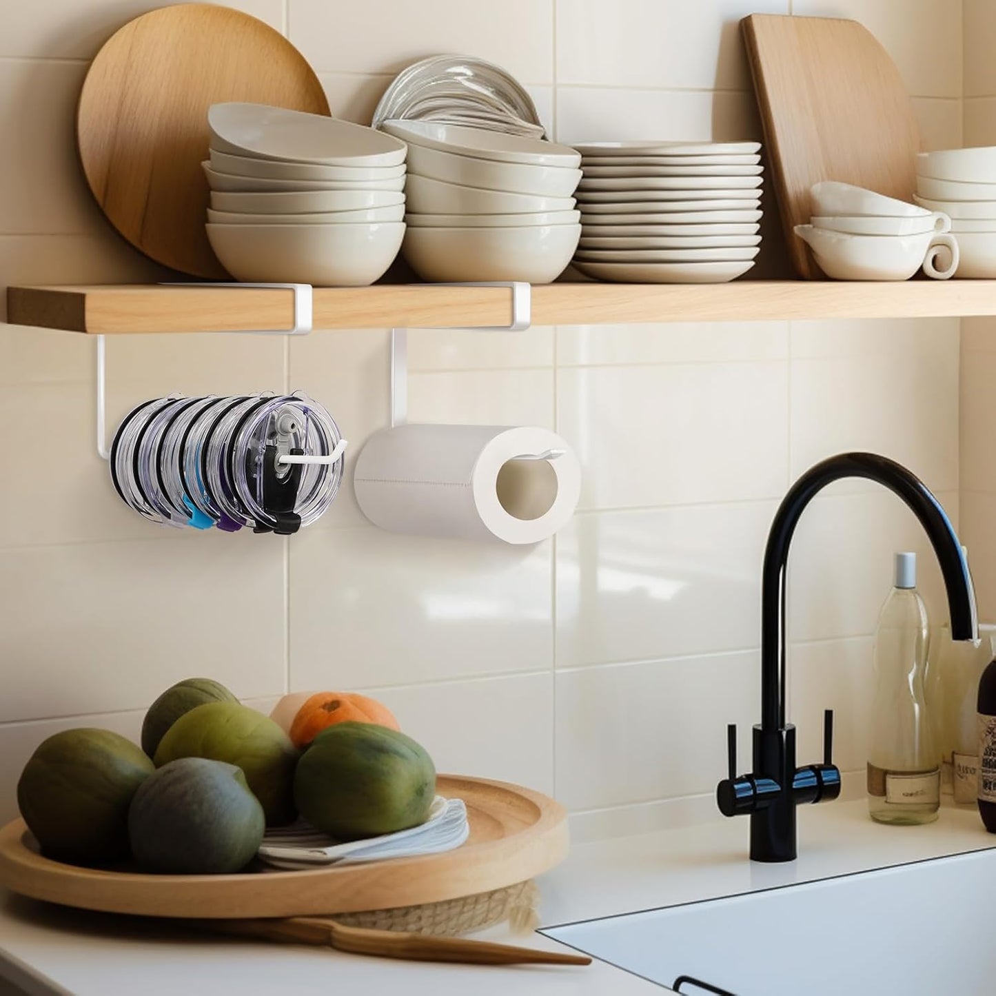 2 Pack Tumbler Lid Organizer, Horizontal Tumbler Lid Storage Hook Up to 20 Lids, Space Saving Cup Lid Holder Under Cabinet Tumbler Lid Hook for Kitchen Organizer, Paper Towel Hanger(Round&Flat, White)