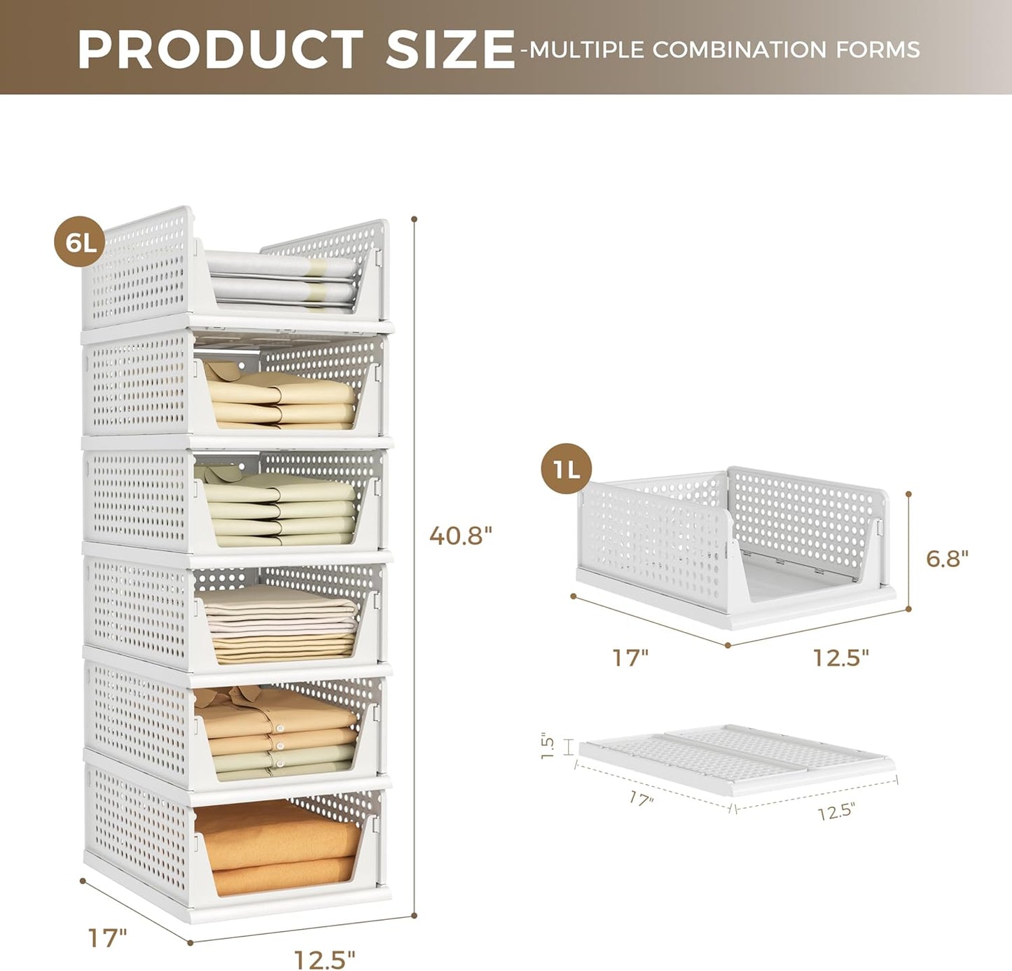 Pinkpum 6 Pack Closet Organizers Storage Box, Stackable Plastic Drawer Basket for Clothing, Stackable Storage Bins Shelf Storage Container for Closet Wardrobe Bedroom Bathroom Office White