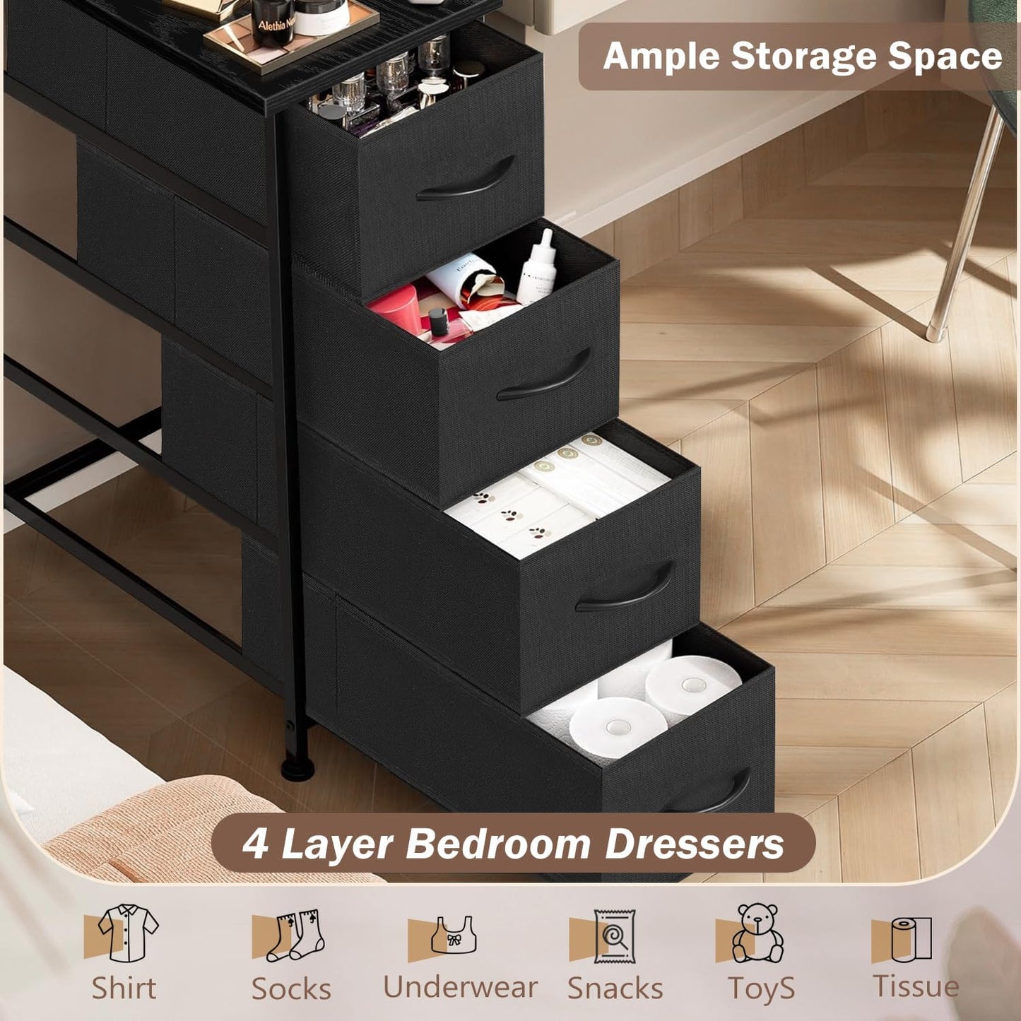 Ebeneze Narrow Dresser with 4 Drawers, Storage Cabinet, Slim Fabric Tower with Wheels, Wood Shelf, Bedroom Organizer Skinny Chest for Small Spaces, Bathroom, Living Room, Laundry, Closet, Black