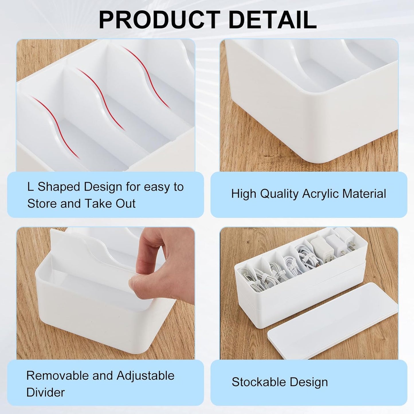 Tatuo 2 Pcs Cable Organizer Box with Wire Ties, Plastic Cord Storage Box with Lid, Electronics Organizer for Home Office Desk Organizers and Accessories (White)