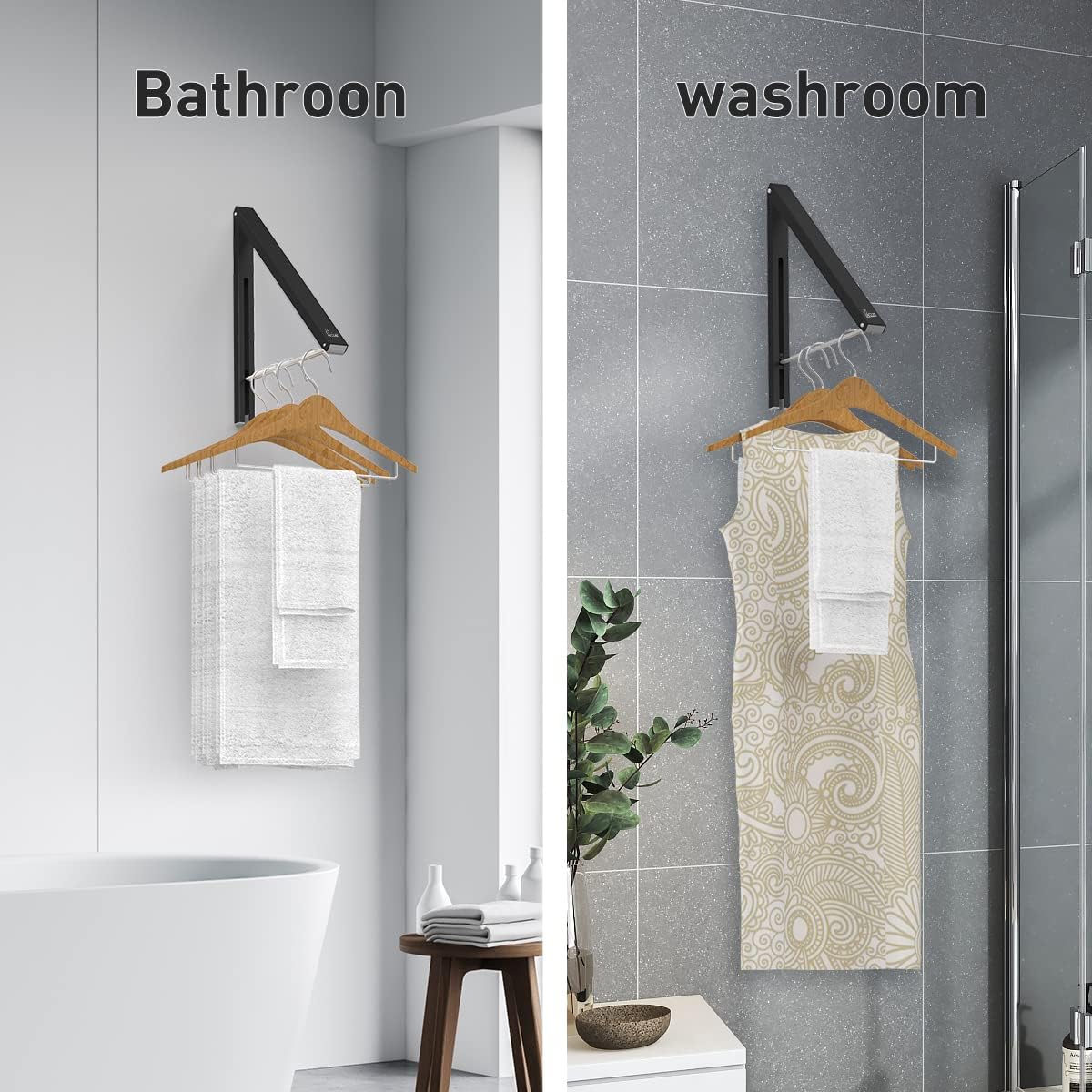 Laundry Room Wall Mounted Drying Rack Clothes Hanger Folding Wall Coat Racks Aluminum Home Storage Organiser Space Savers Black