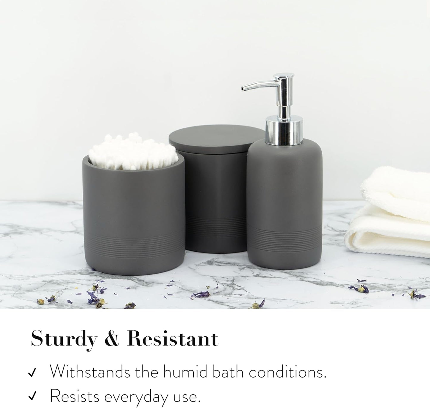 ZCCZ Gray Bathroom Accessories Set 6 Pieces - Toothbrush Holder, Lotion Dispenser, Qtip Container, Vanity Tray, Tumbler - Countertop Organizer for Bathrooms - Elegant and Functional Décor Set