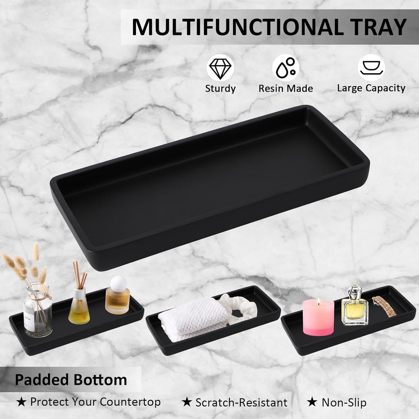 Resin 6 Pcs Black Bathroom Set Complete with Toothbrush Holder, Lotion Soap Dispenser, 2 Qtip Holder Dispensers,Vanity Tray,Bathroom Tumbler - Countertop Vanity Organizer - Bathroom Accessories Set