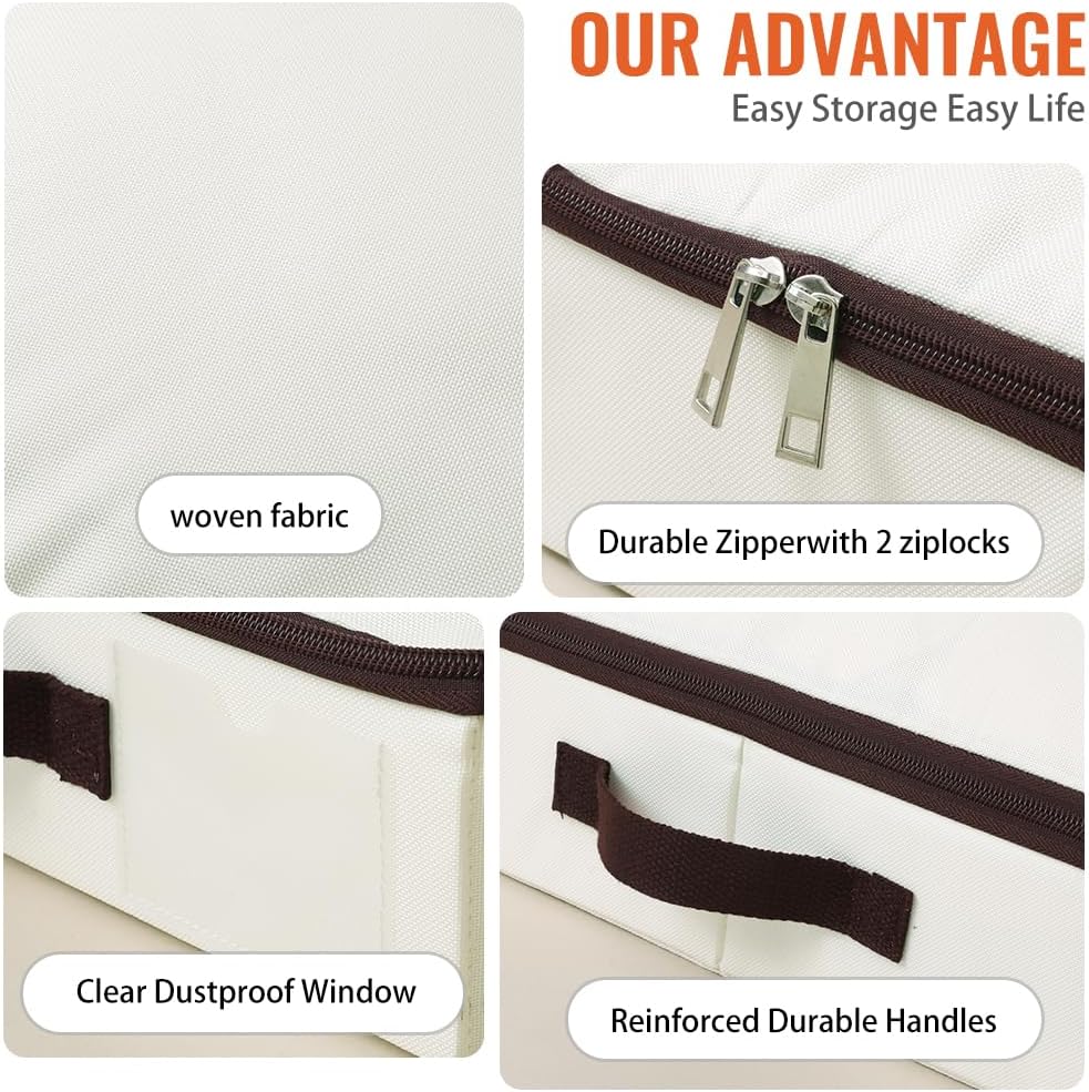 AMJ 3 Pack 4inch Underbed Storage Bins, Under Bed Storage Containers with Zippers for Blanket, Pillows, Comforters & Quilts, Beige