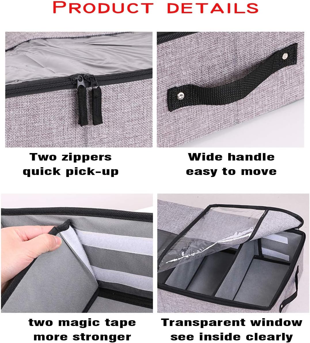 AARAINBOW Foldable Under Bed Clothes Organizer with Lid, Underbed Storage Container with Adjustable Dividers, Clear Window, Gray