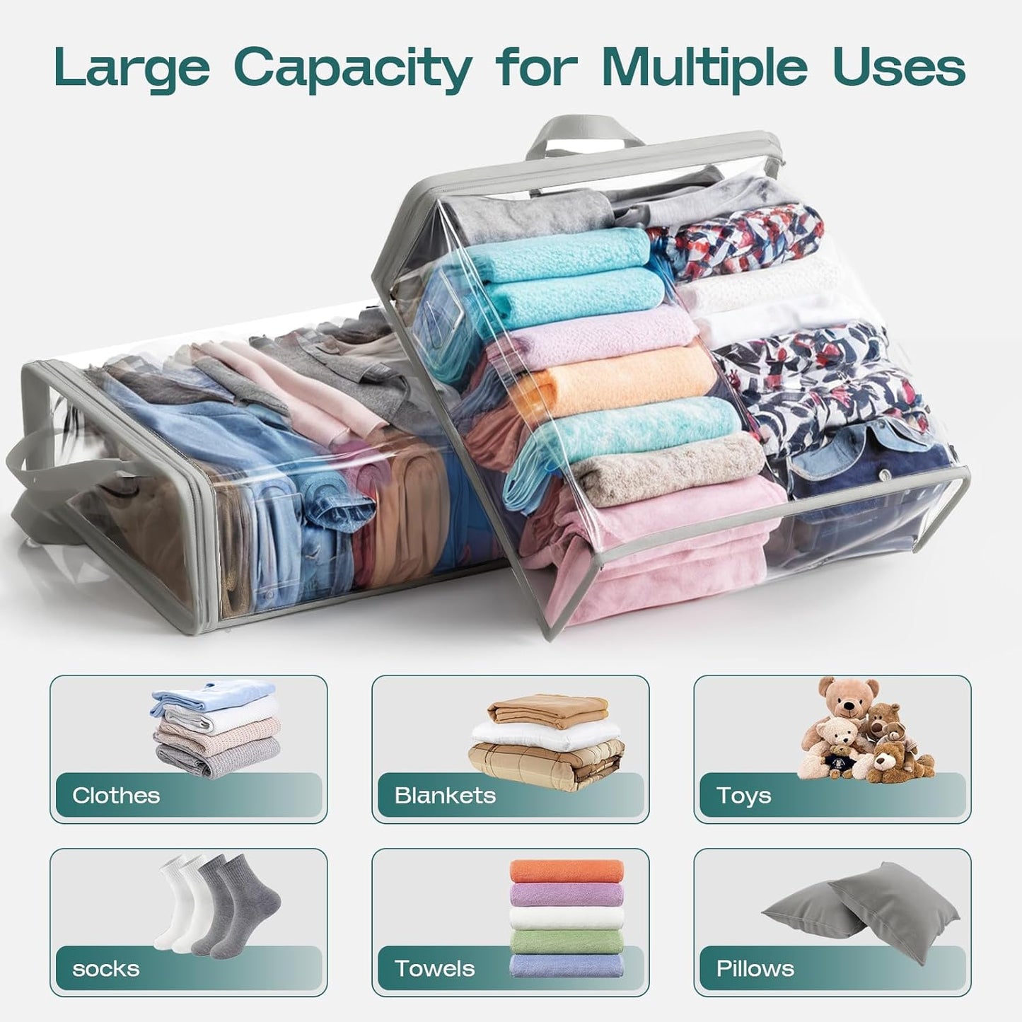 5 Pack Clear Storage Bags for Clothes, 22L Blanket Storage Bags, Under Bed Storage, Closet Organizers Bag, Upgraded Version Two-Way Zippers Design(Grey)