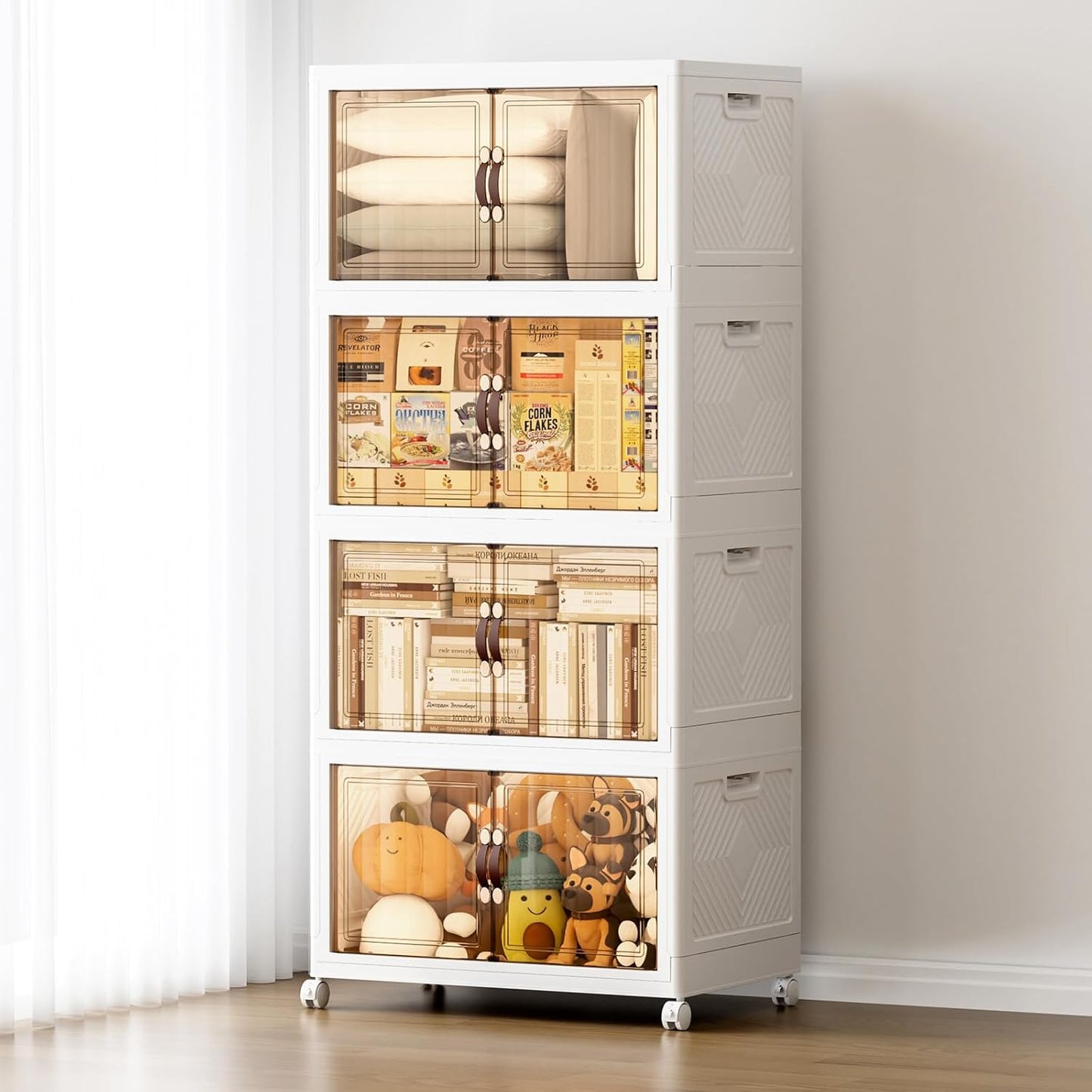 JEKO&JEKO 528Qt Stackable Storage Bins with Lids and Wheels, Foldable Collapsible Plastic Boxes for Clothes, Home, White, 4 Pack