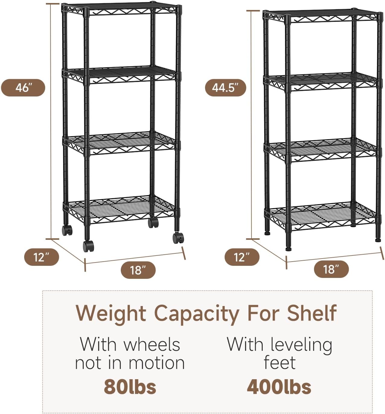 4 Tier Adjustable Storage Shelves Heavy Duty Metal Utility Shelf Wire Shelving Unit Organizer Rack for Home Kitchen Office Bathroom Pantry Room 12" D x 18" W x 44.5" H