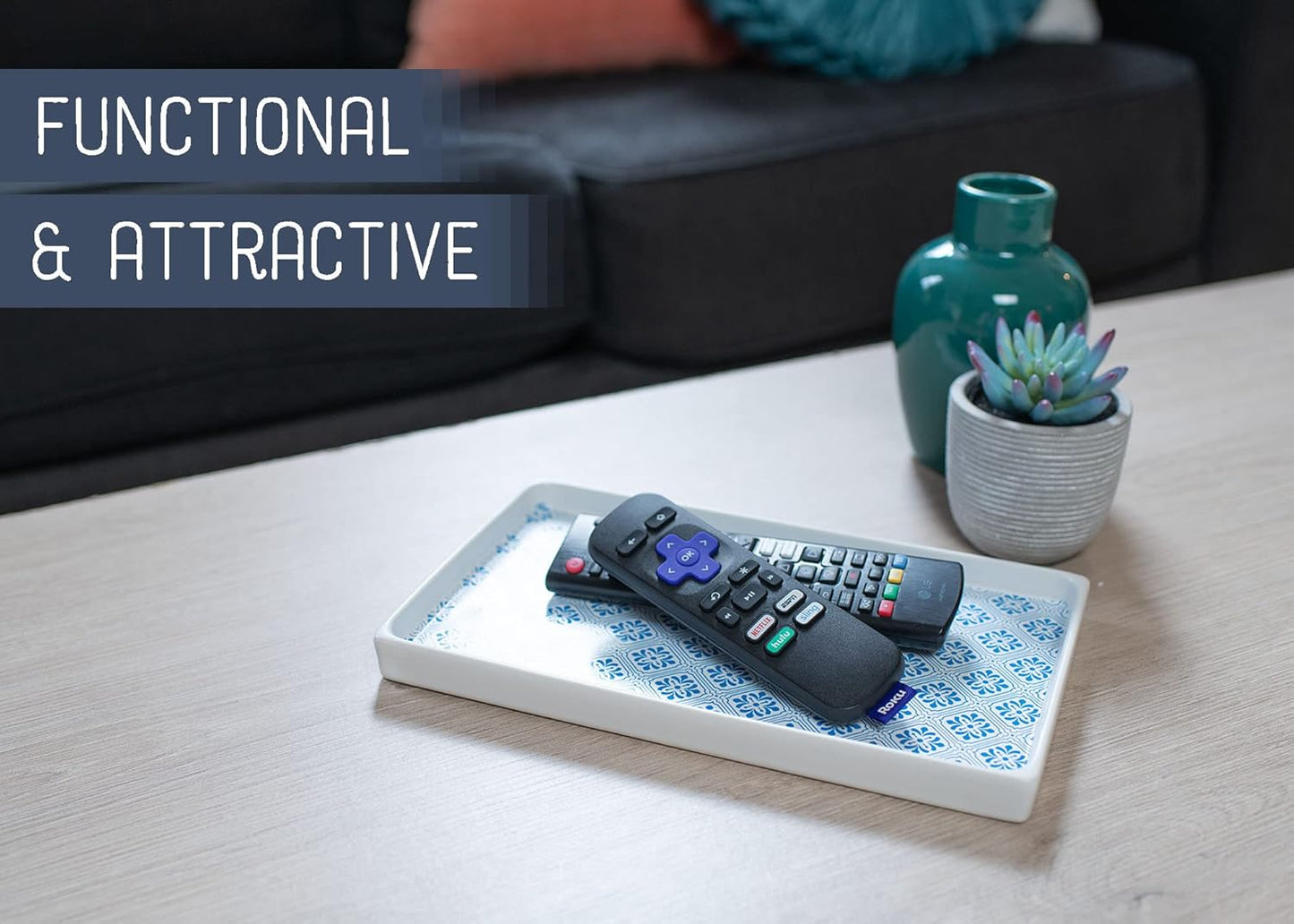 NAT & Jules 10 x 6 Ceramic Stoneware Vanity Tray - Perfect Bathroom or Kitchen Counter Organization Décor: Sponge Holder, Soap Dish, Jewelry and Perfume Tray, Patterned Blue