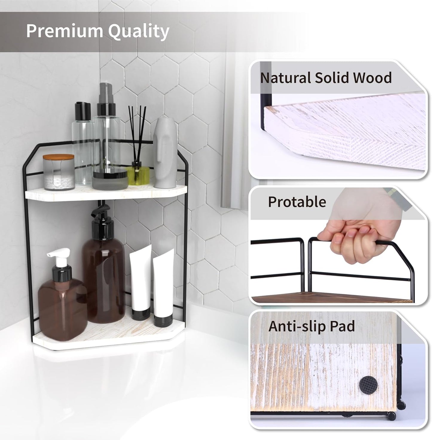 Corner Bathroom Counter Organizer - 2 Tier Wood Vanity Counter Shelf Perfume Skincare Holder, Countertop Corner Shelf Organizer for Bathroom, Kitchen, Rustic White
