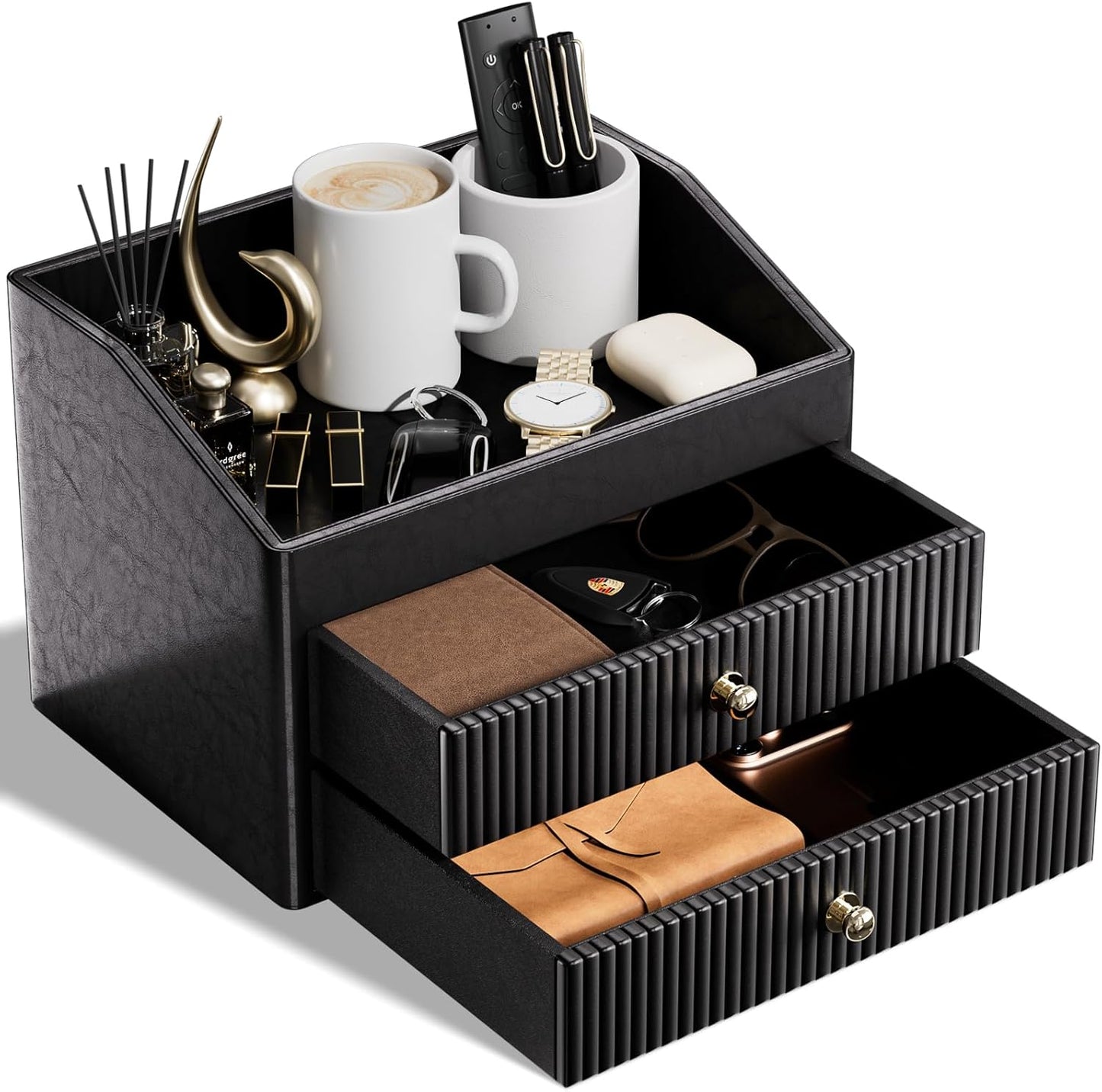 Office Supplies,Black Vegan Leather Office Organization with 2 Drawers & Tray,Glasses Holder with Gold-Tone Metal Accents Knob for End Tables,Bedside Table,Bedroom