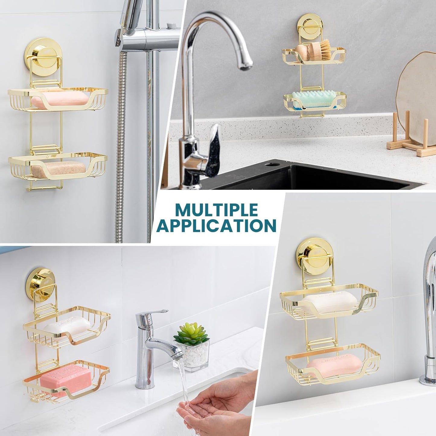 TAILI Double Layer Soap Holder, Bar Soap Dish Suction Cup for Shower Wall, Draining Saver Tray for Bathroom, Rustproof Stainless Steel Sponge Holder for Tub, Kitchen, Drill-Free, Gold