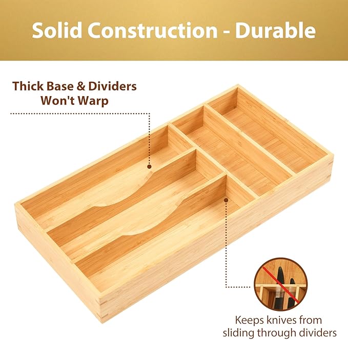 Umilife Bamboo Kitchen Drawer Organizer, 8 Inch Silverware Utensils Tray Holder for Small Drawer, Wood Caddy for Flatware Cutlery Knives