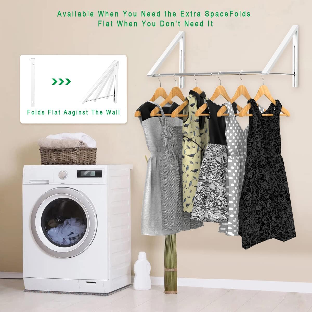 Laundry Room Drying Rack Wall Mounted Clothes Hanger Folding Wall Coat Racks Aluminum Home Storage Organiser Space Savers White 2 Rakcs with Rod