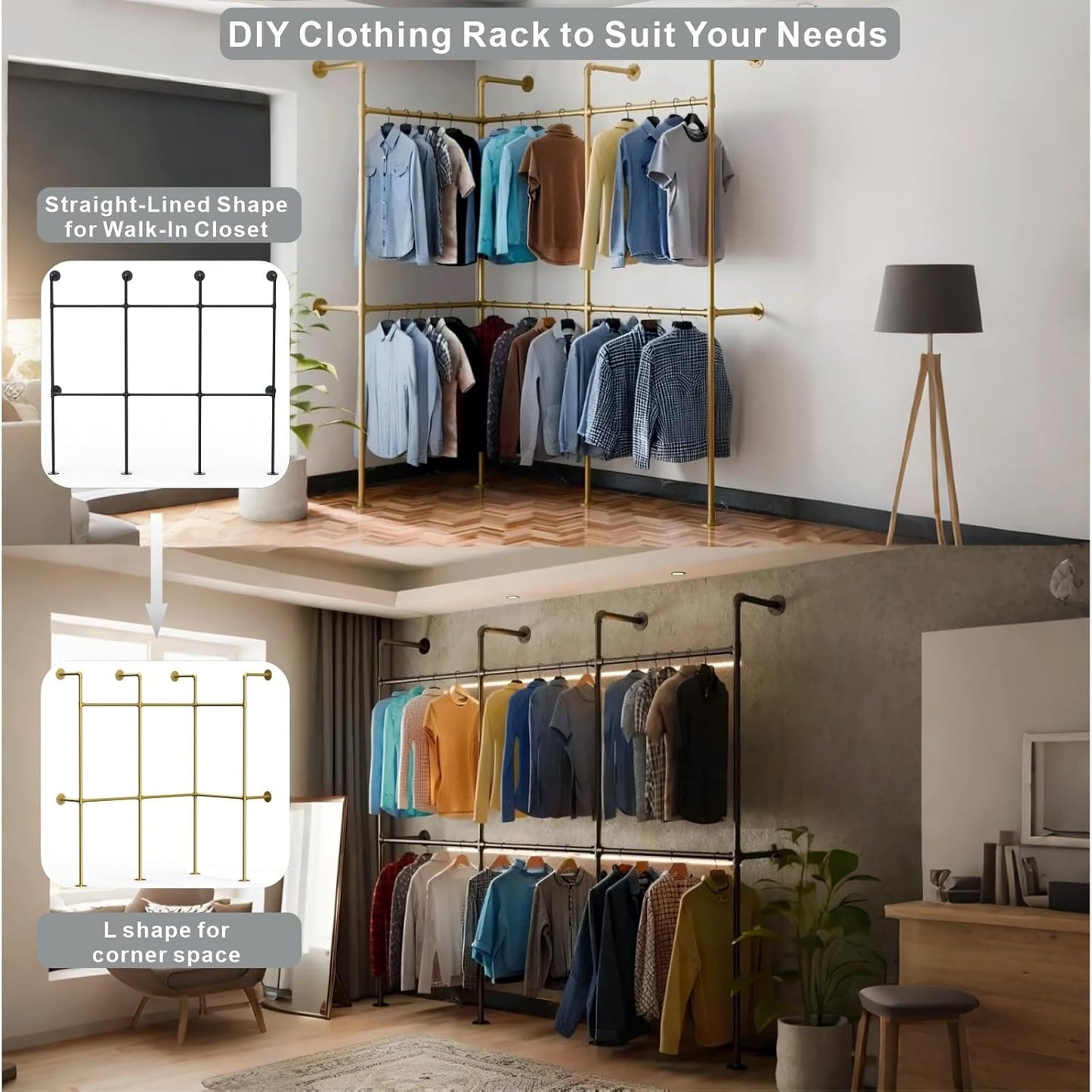 Industrial Pipe Black Clothing Racks Wall Mounted, Rustic Industrial Pipe Clothes Rack Design - Stylish & Heavy Duty Corner Garment Racks, Perfect for Home or Retail Display