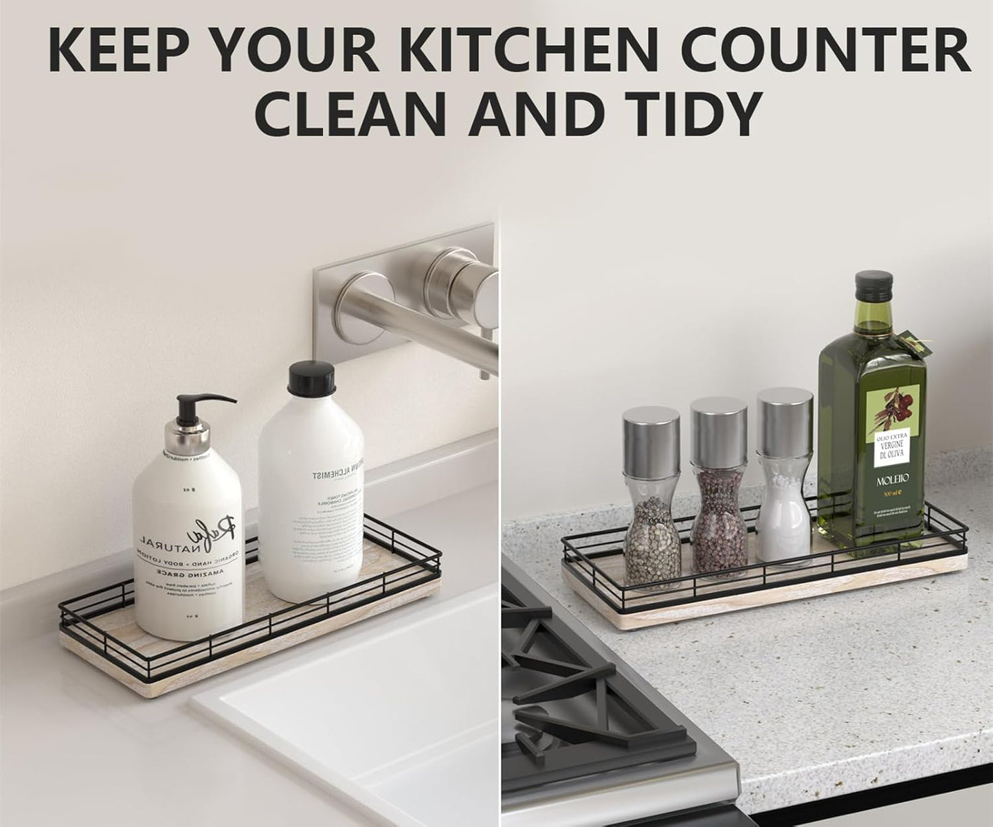 Bathroom Tray for Counter Top Organizer – Ash Wood Vanity Tray with Metal Frame for Dresser, Kitchen, Nightstand – Black & Whitewashed Decorative Storage