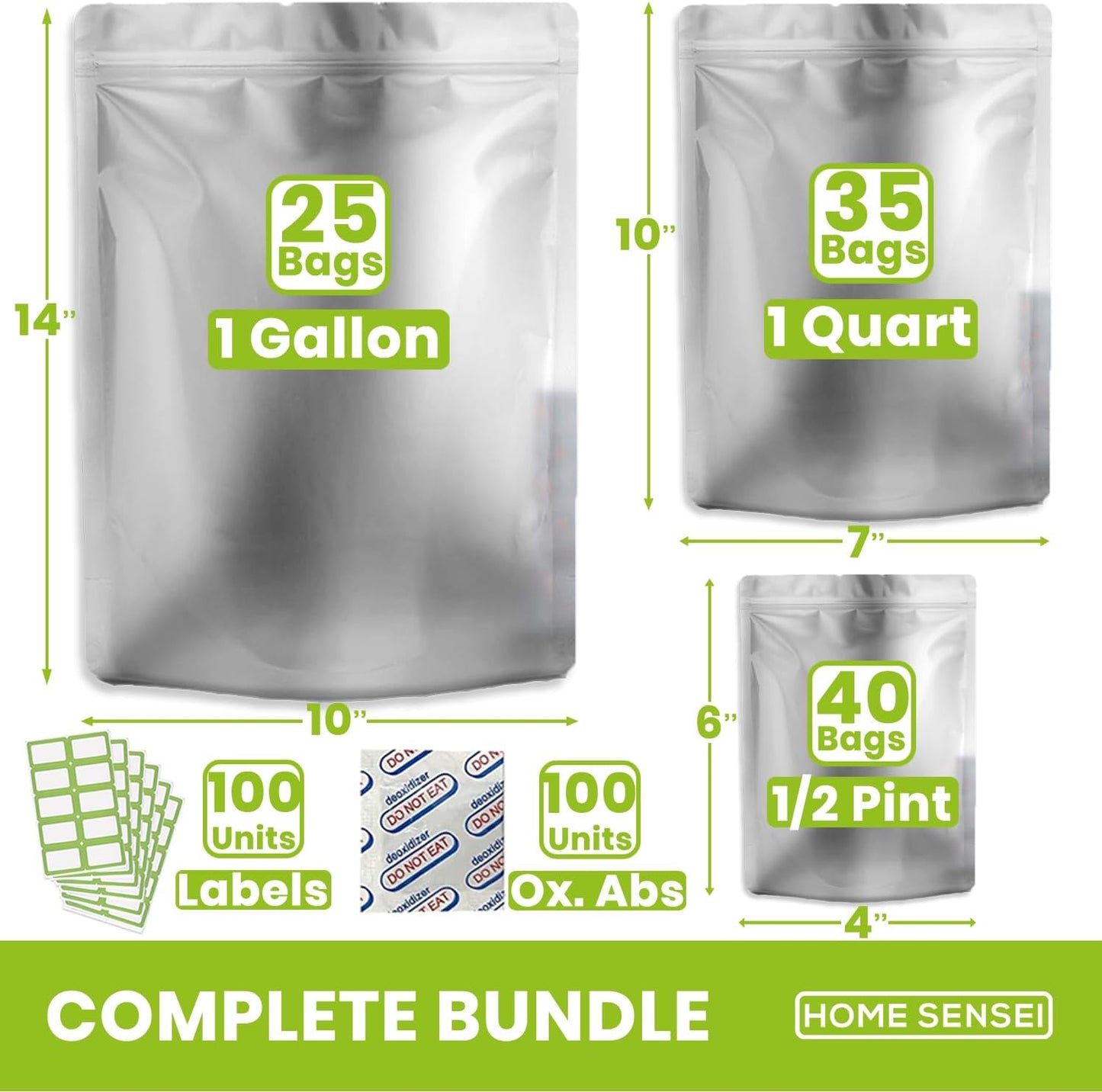 100pcs Mylar Bags for Food Storage - Extra Thick 10 Mil - Includes Gallon/Quart/Pint Sizes with 400cc Oxygen Absorbers - Zip Resealable Storage Pouches - Bolsas Mylar
