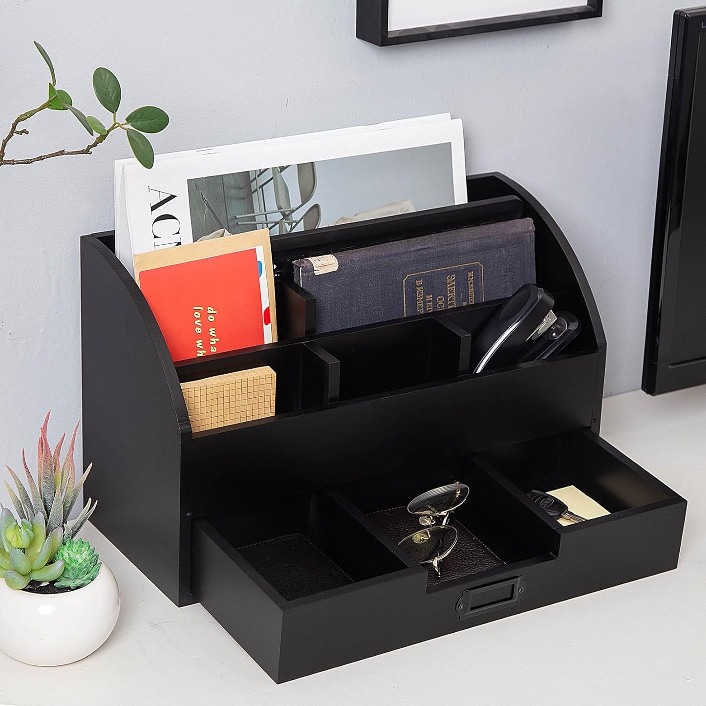 canwedance Distressed Rustic Wooden Office Desk Organizer 5 Compartment with 2 Drawer &Counter Desk Tabletop Desktop Mail Rack, Pens, Notebooks, Folders, Pencils and Office Supplie(black)