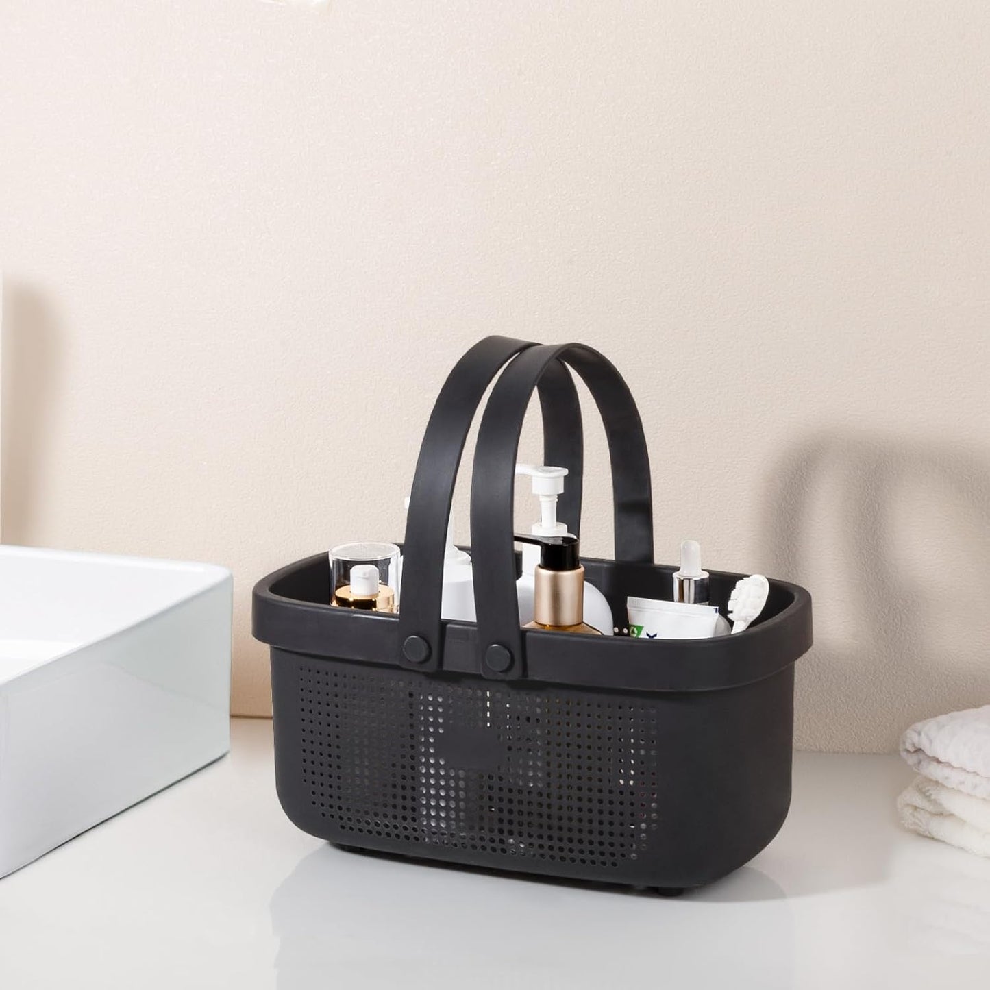 JiatuA Plastic Storage Basket with Handle Portable Shower Caddy Tote Organizer Basket Bin for Bathroom Kitchen Dorm Room Bedroom, Black