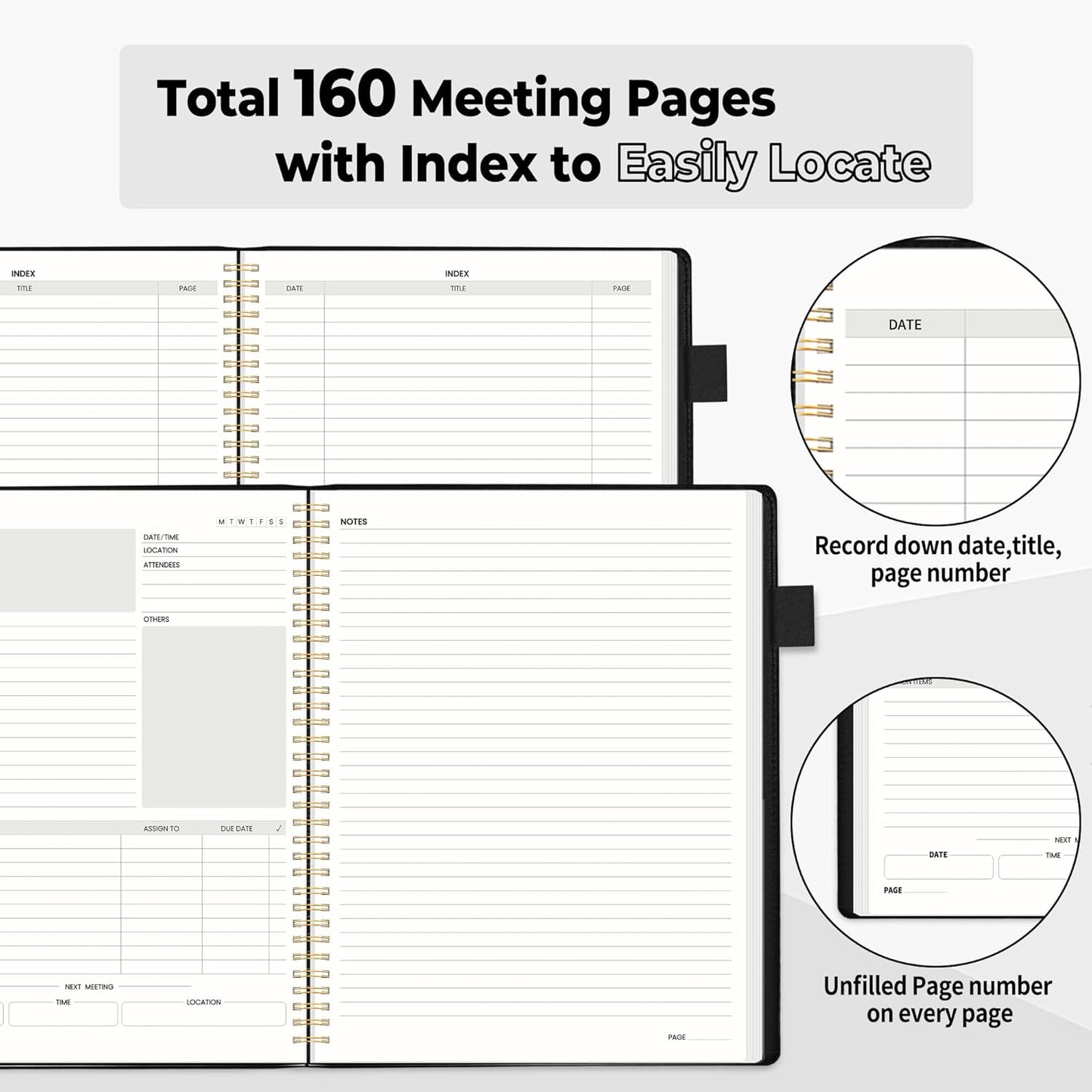 SUNEE Half Meeting Half Note - 8.5"x11" Professional Notebooks for Work - 160 Pages, A4 Size Project Planner, Spiral Meeting Agenda Organizer for Women Men, Note Taking,Office with Vegan Leather Cover