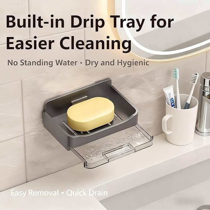 Bar Soap Dish,Self Draining Soap Holder for Shower,Wall Mounted Soap Saver with Strong Adhesive, No Drilling Clear Plastic Holder for Bathroom Storage & Kitchen Sink Organizer,Keeps Soap Dry