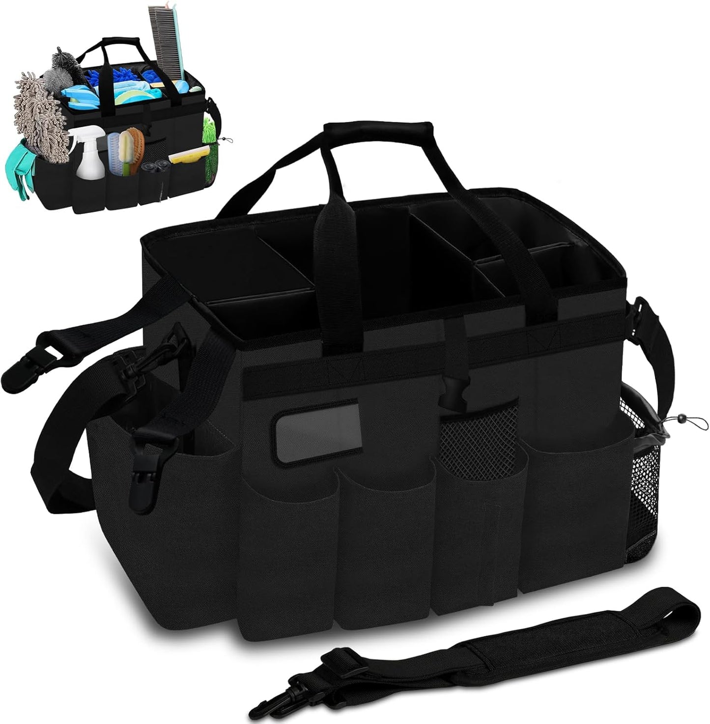 Kovshuiwe Wearable Cleaning Caddy Bag with 4 Foldable Dividers, Cleaning Supply Tote for Cleaning Supplies, Cleaning Organizer with Shoulder Strap and Side Handles for Cleaners