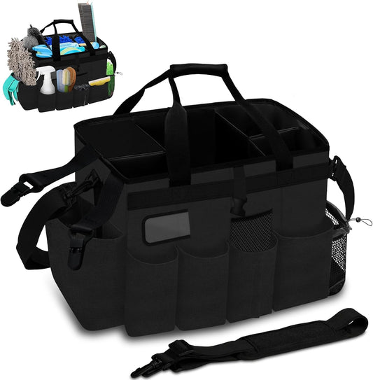 Kovshuiwe Wearable Cleaning Caddy Bag with 4 Foldable Dividers, Cleaning Supply Tote for Cleaning Supplies, Cleaning Organizer with Shoulder Strap and Side Handles for Cleaners