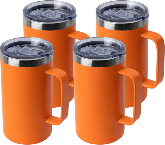 DOMICARE 24oz Mug with Handle and Lid, Stainless Steel Coffee Mug, Travel Mug with Handle, Double Wall Vacuum Coffee Tumbler, Reusable Insulated Cup, Orange, Pack 4