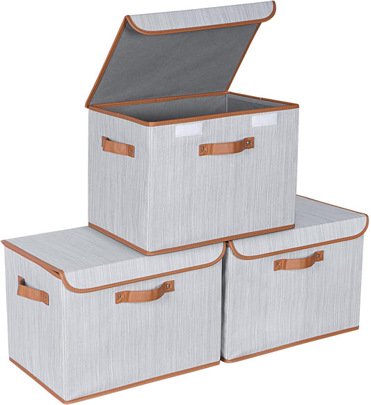 Univivi Heavy Duty Fabric Storage Bins with Lid, Large 17" 10 Gallon Stackable Storage Bins with Leather Handles, Decorative Storage Boxes with Lids for Bedroom, Closet, Nursery, Office, 3-Pack(Grey)