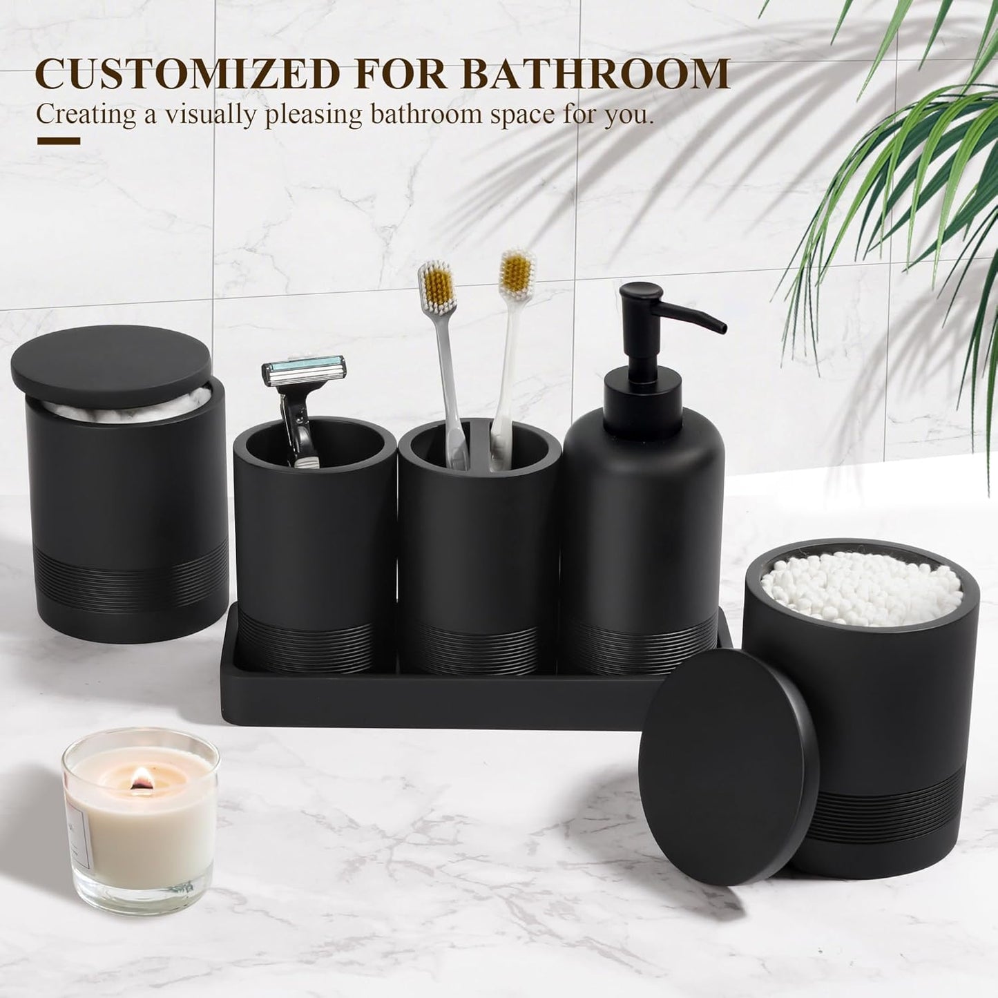 Bathroom Accessories Set, 6-Piece Bathroom Accessory Set, Toothbrush Holders Set, Soap Dispenser, Vanity Tray, Tumbler, Cotton Swab Jars, Bathroom Organizer for Modern Bathrooms(Matte Black)