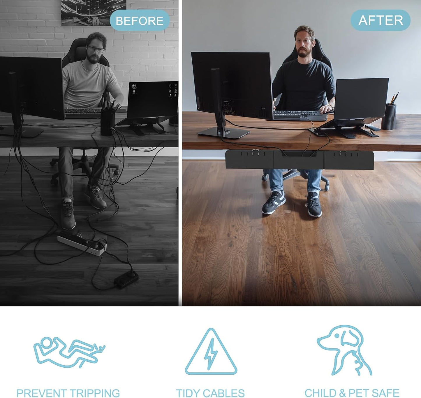 Cable Management for Under Desk,31.5" Standing Desk Cord Management Tray,Upgraded Thickened Felt Cord Organizer Tray for Office, Home, Self-Adhesive Or Bracket Mount Cable Holder,Black