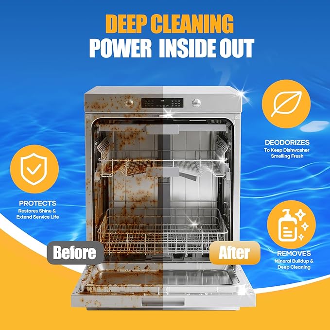 Dishwasher Cleaner Tablets - Dishwasher Cleaner And Deodorizer Tablets Lemon Scented, Heavy Duty Deep Clean Descaler Pods for Septic Safe, Prevents Buildup & Odor, Natural Limescale Remover (32 Pack)