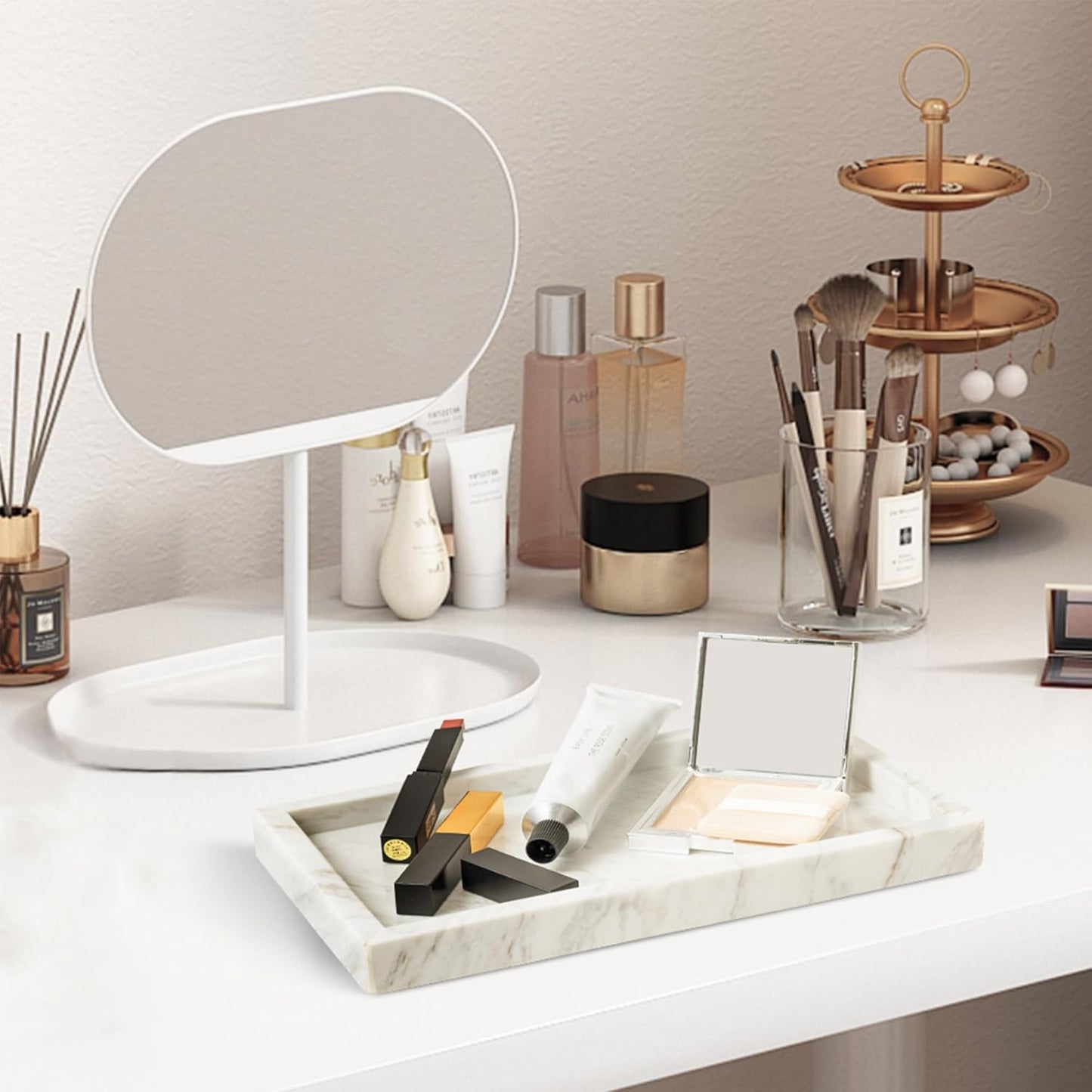 WORHE Italy Marble Vanity Tray for Jewelry, Perfume, Makeup, Candle,Towel Natural Modern Decorative Trays for Bathroom Bedroom Dresser Rectangle Kitchen Storage Organizer for Home Decor White (FX031)