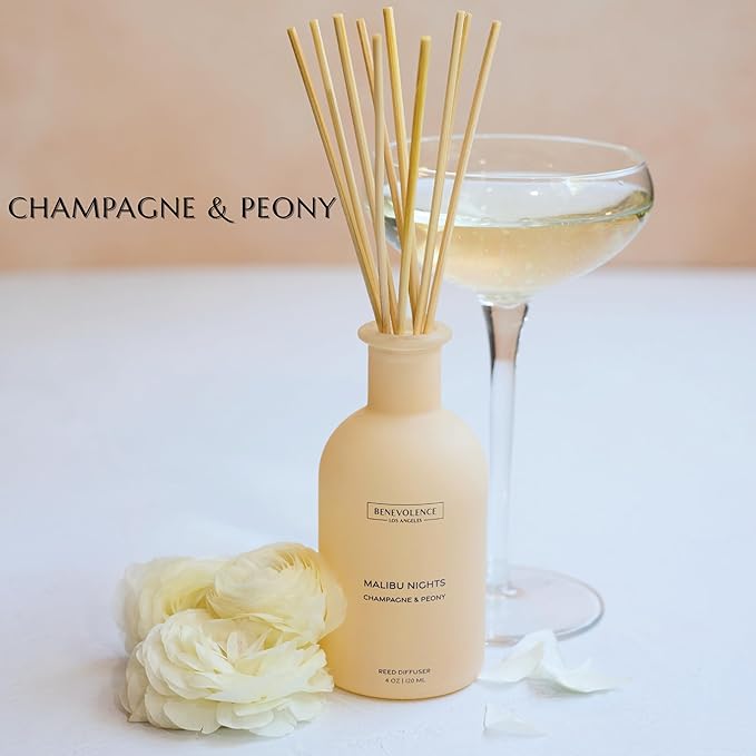 Benevolence LA Reed Diffuser - Champagne & Peony | Luxurious Home & Bathroom Decor | Long-Lasting Scent Diffusers for Home - Malibu Sands Collection