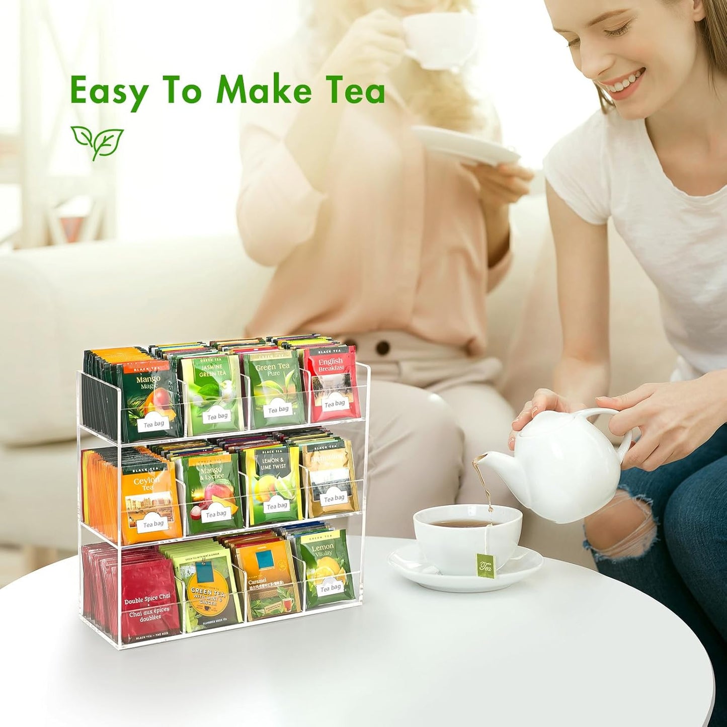 BEYGORM Acrylic Tea Bag Organizer for 216 Tea Packets, No Assembly Required, Display Holder for Countertop or Cabinet