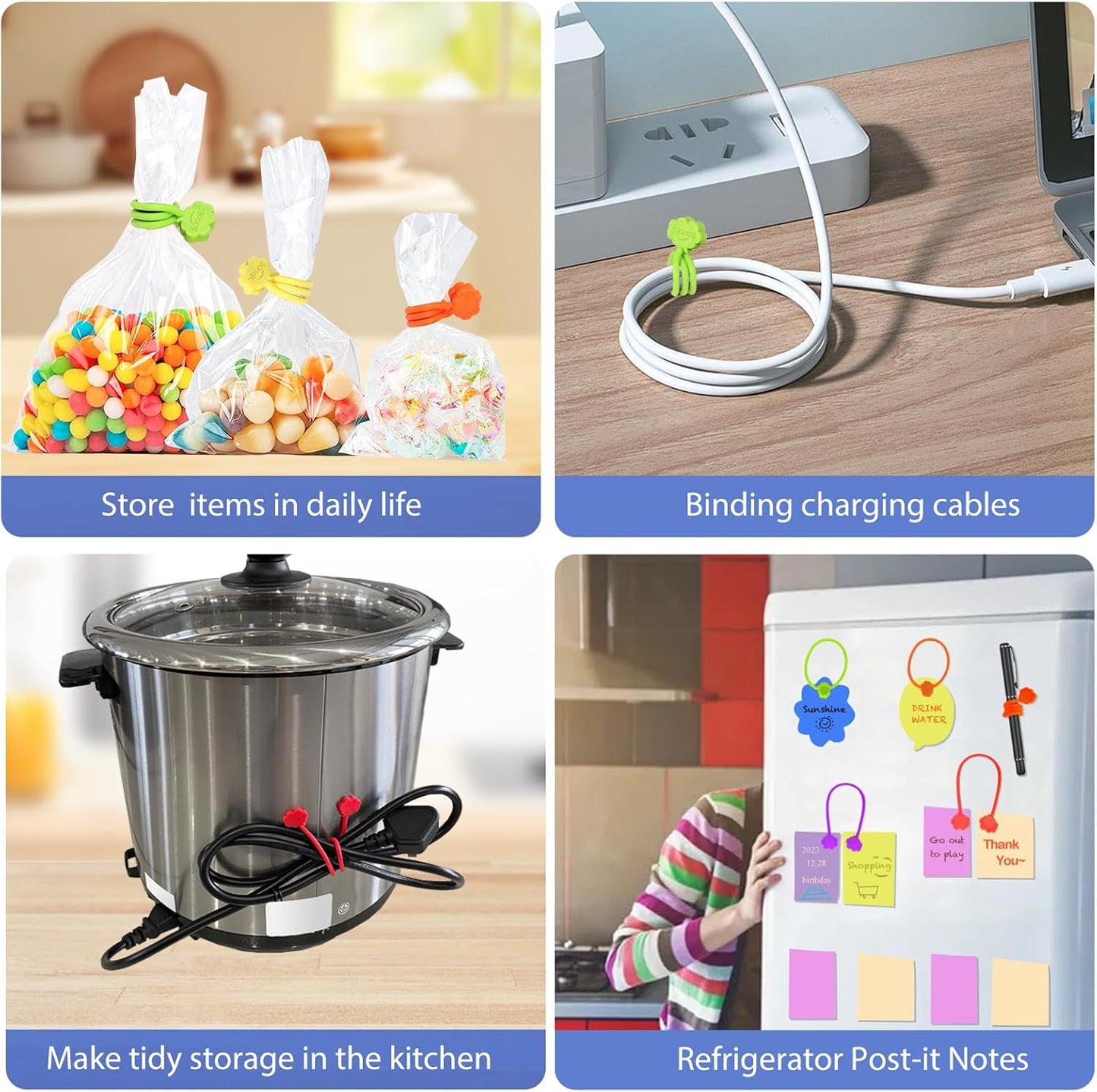 SOOOEC Magnetic Cable Ties, 24 Pack 7.2" Magnetic Cord Organizer Cute Cloud Design, Reusable Silicone Twist Ties with Strong Magnet for Bundling and Cable Management, Fridge Magnets, Assorted Colors.